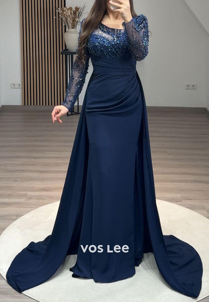 Long Sleeves Beaded Lace Mermaid Formal Dresses with With Sweep Train