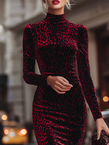 Velvet Leopard Print Bodycon Dress With High Neck