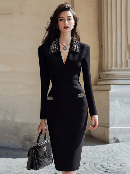 Elegant Beaded Collar Bodycon Midi Dress