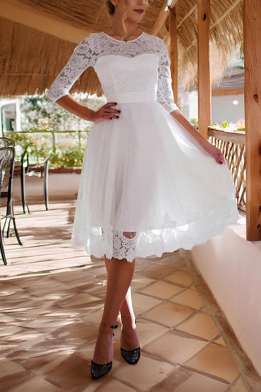 Lace Sleeve White Tea-Length Wedding Dress | 3/4 Sleeve A-Line Bridal Gown