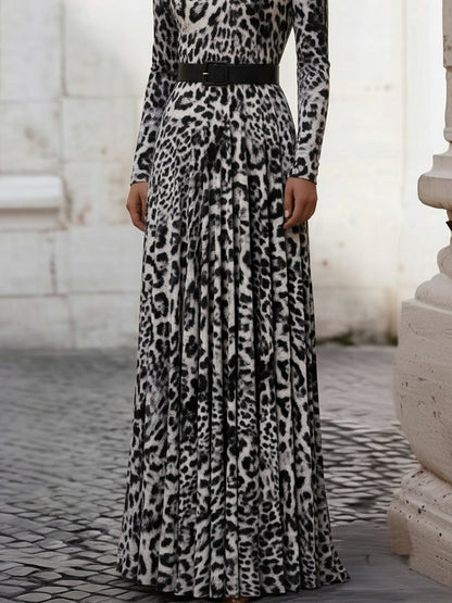 Velvet Leopard Print High-Neck Maxi Dress