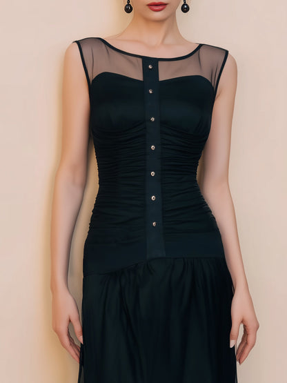 Black Sheer Mesh Ruched Panel Midi Dress