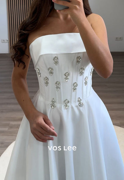 Beaded Crystal Strapless A-Line Satin Homecoming Evening Prom Dress Ball Gown