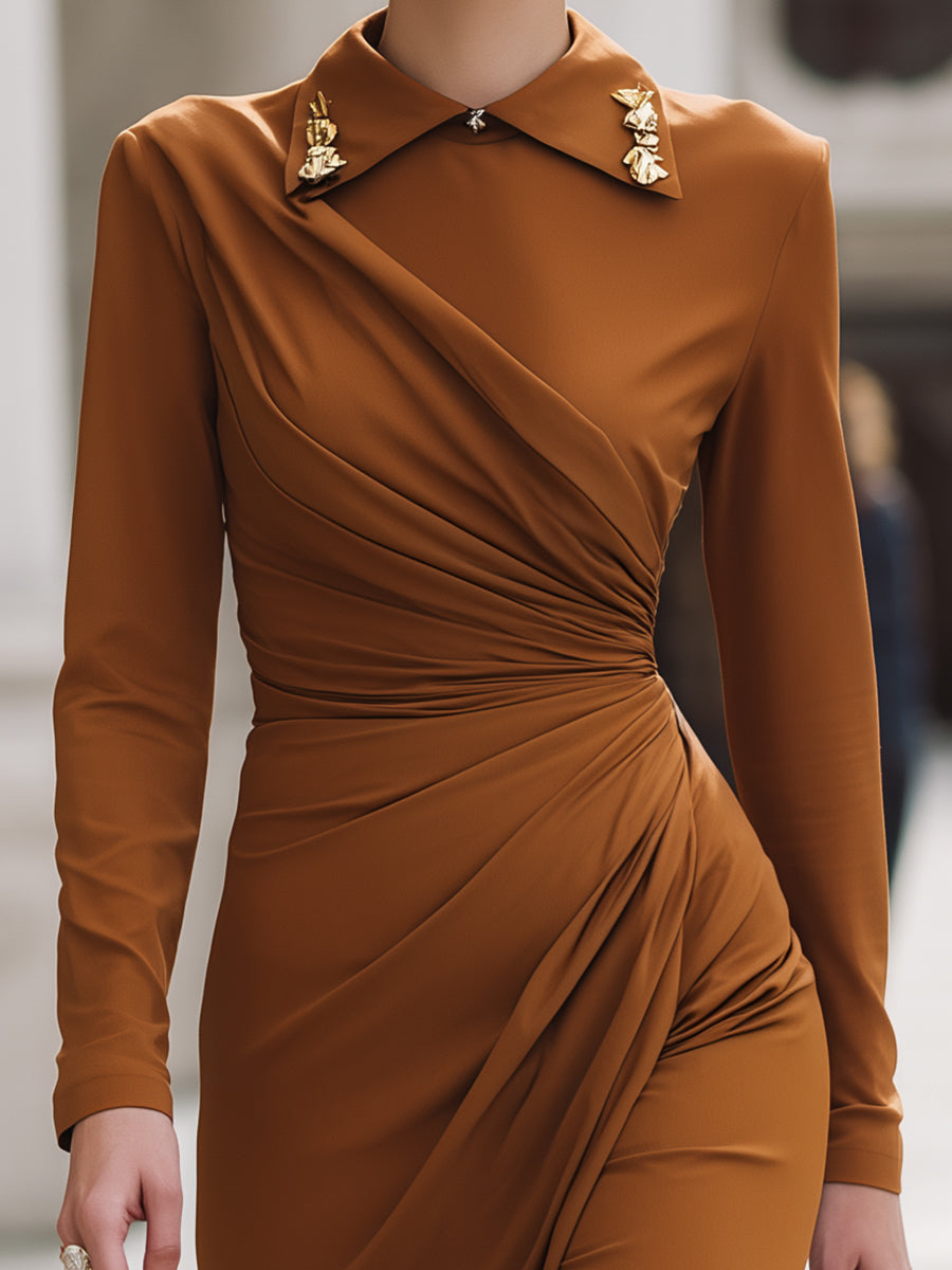 Rust Draped Midi Dress With Embellished Collar