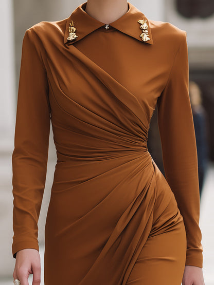Rust Draped Midi Dress With Embellished Collar