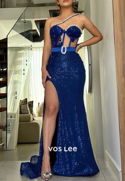 One Shoulder Rhinestone Sweetheart Mermaid Evening Dresses with Detachable Train