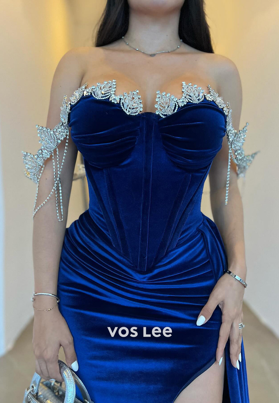 Sparkle & Shine Off the Shoulder Rhinestone Pleated Mermaid Evening Dresses with High Split