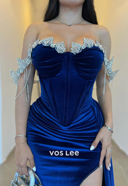 Sparkle & Shine Off the Shoulder Rhinestone Pleated Mermaid Evening Dresses with High Split