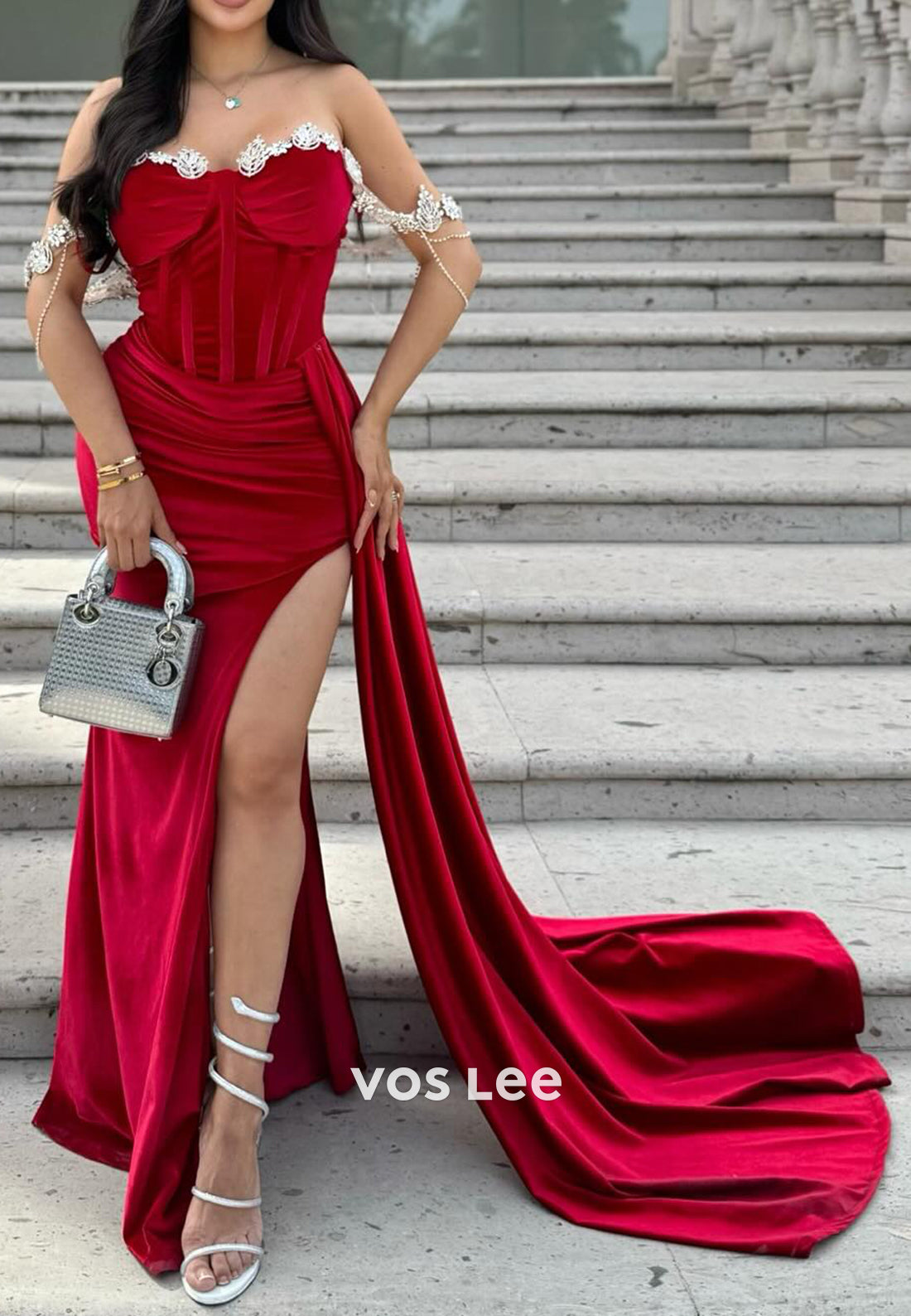 Sparkle & Shine Off the Shoulder Rhinestone Pleated Mermaid Evening Dresses with High Split