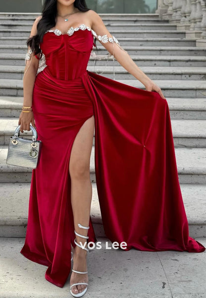 Sparkle & Shine Off the Shoulder Rhinestone Pleated Mermaid Evening Dresses with High Split