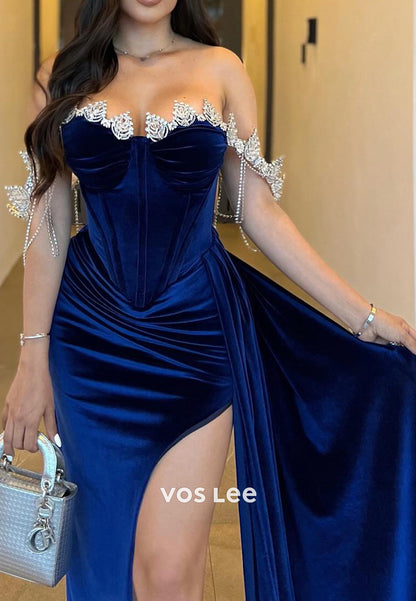 Sparkle & Shine Off the Shoulder Rhinestone Pleated Mermaid Evening Dresses with High Split