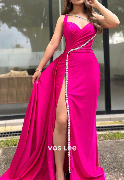 One Shoulder Pleated Sweetheart Rhinestone Mermaid Evening Dresses with Side Split