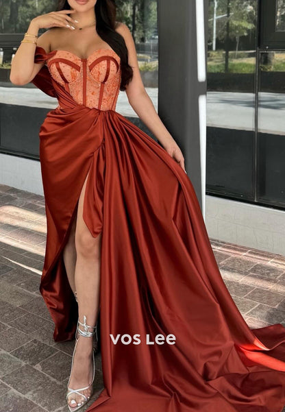 Chic & Modern Sweetheart One Shoulder High Slit Evening Dresses with Court Train