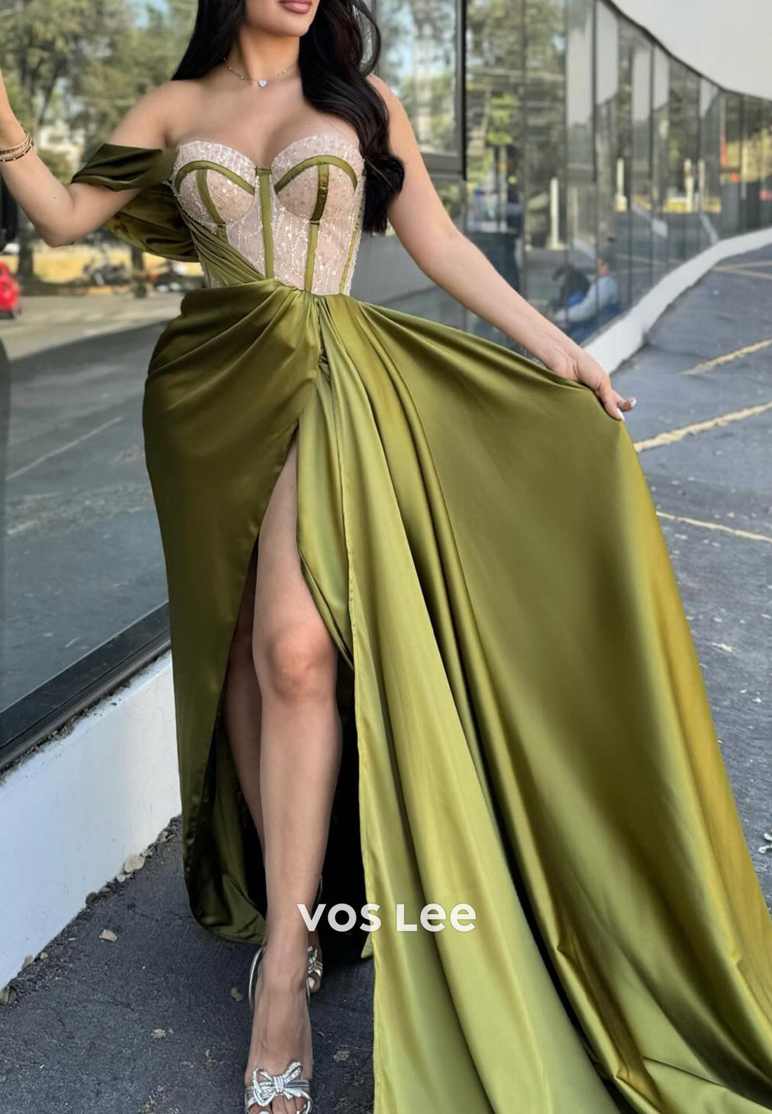 Chic & Modern Sweetheart One Shoulder High Slit Evening Dresses with Court Train