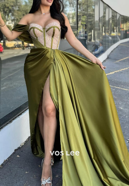 Chic & Modern Sweetheart One Shoulder High Slit Evening Dresses with Court Train