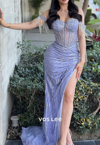 Beaded Fringe Off the Shoulder Sweetheart Evening Dresses with Detachable Chapel Train