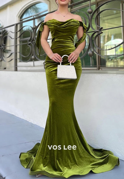 Off the Shoulder Pleated Bowknot Mermaid Velvet Evening Dresses with Sweep Train