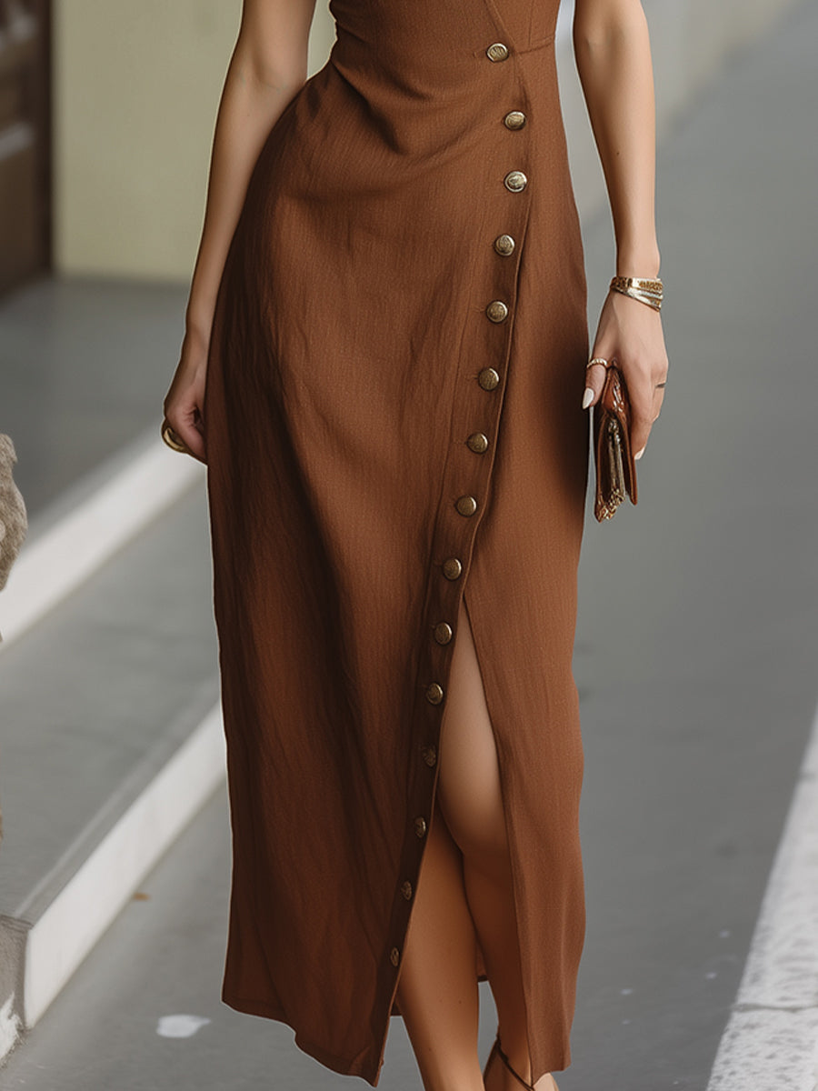 Elegant Asymmetric Buttoned Midi Dress