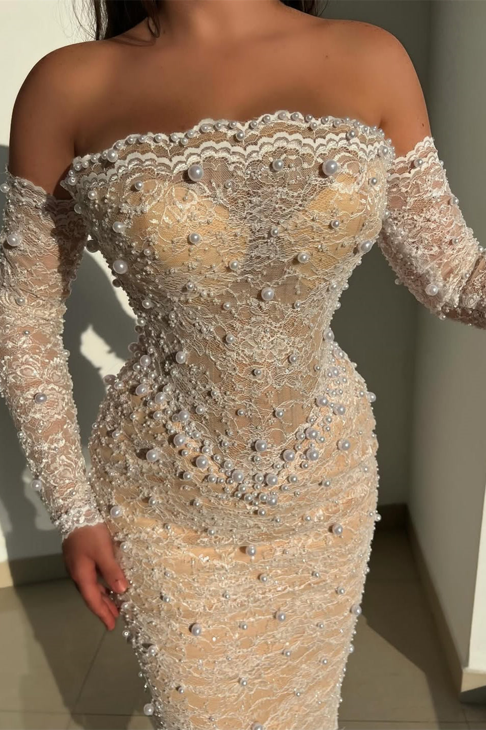 Off-the-Shoulder Long Sleeves Lace Evening Gown Tea-Length With Pearls