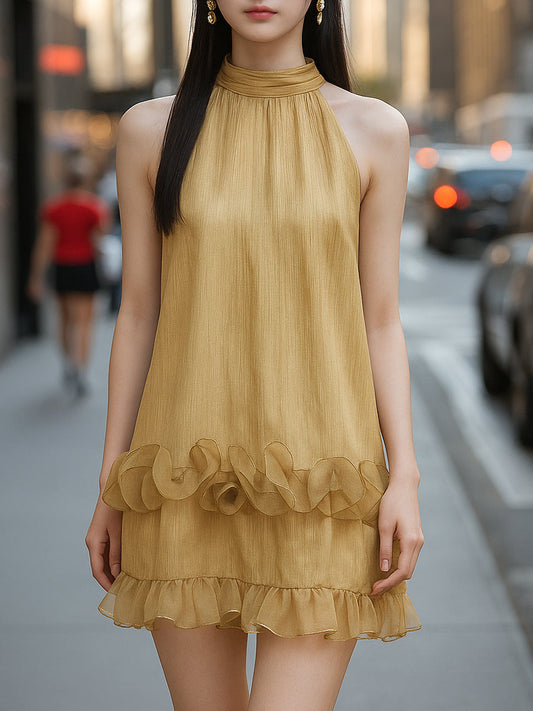 Golden Ruffle Halter Mini Dress