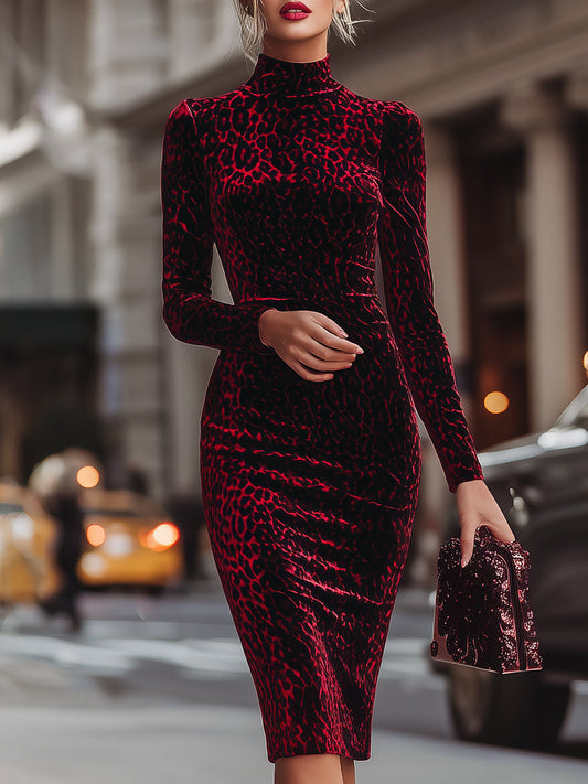 Velvet Leopard Print Bodycon Dress With High Neck