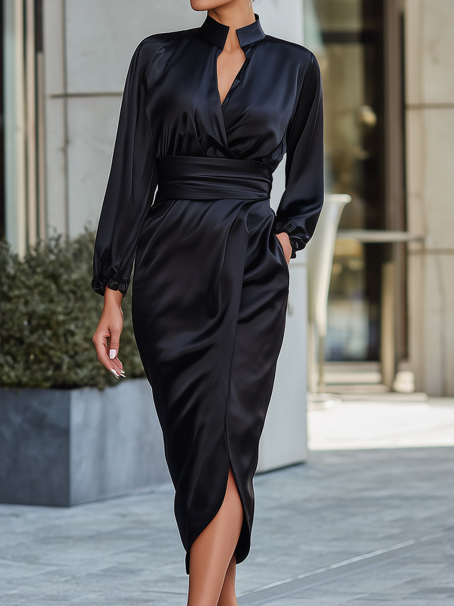 Black Satin Draped Wrap Midi Dress