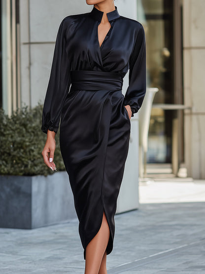 Black Satin Draped Wrap Midi Dress