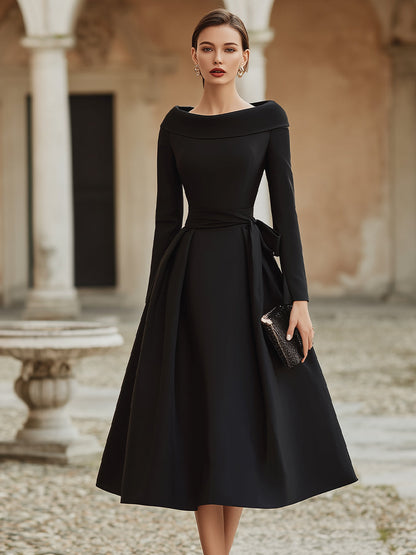 Elegant Off-Shoulder Midi Dress With Draped Collar And Waist Tie