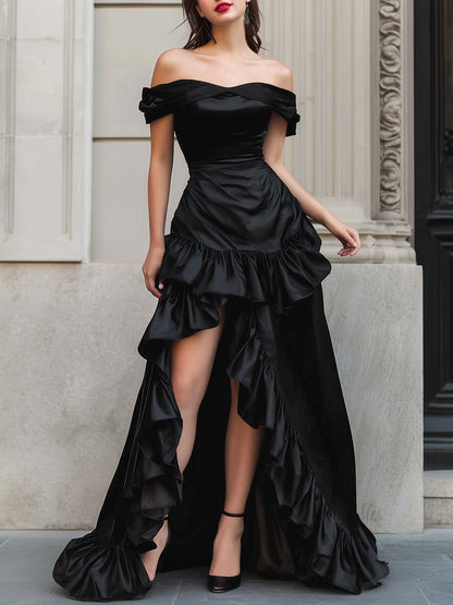Off-Shoulder High-Low Satin Gown With Dramatic Ruffled Hem