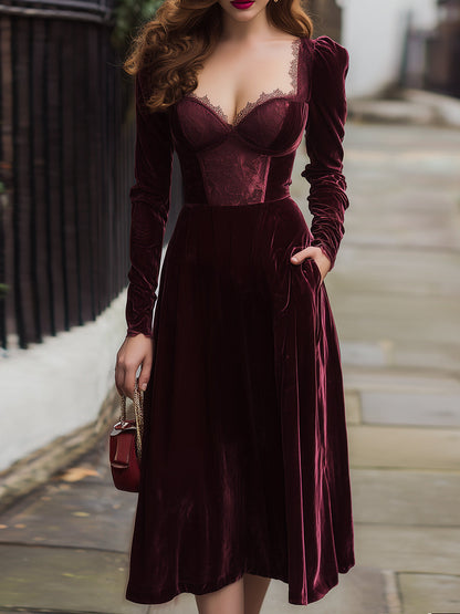 Burgundy Lace-Corset Velvet Midi Dress