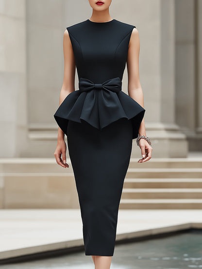 Sleeveless Bow Detail Peplum Midi Dress