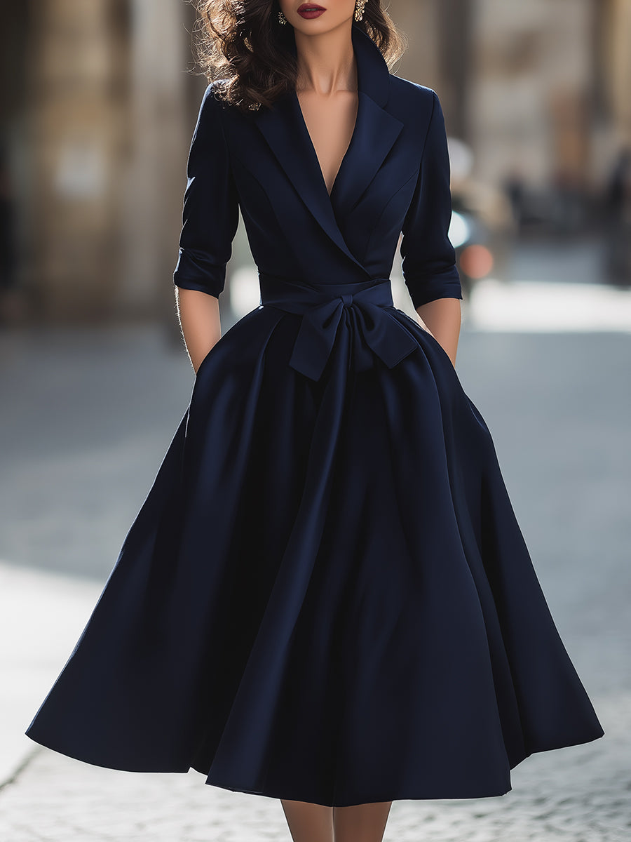 Elegant  A-line V-Neck Collared Tea-Length Satin Dress