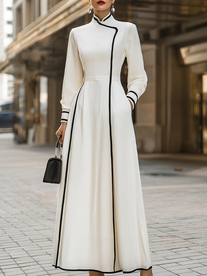 Elegant Mandarin - Collar Maxi Dress With Black Trim