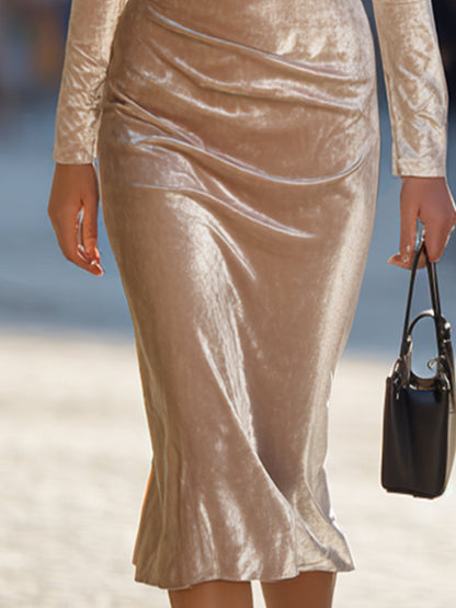 Elegant Velvet Draped Midi Dress