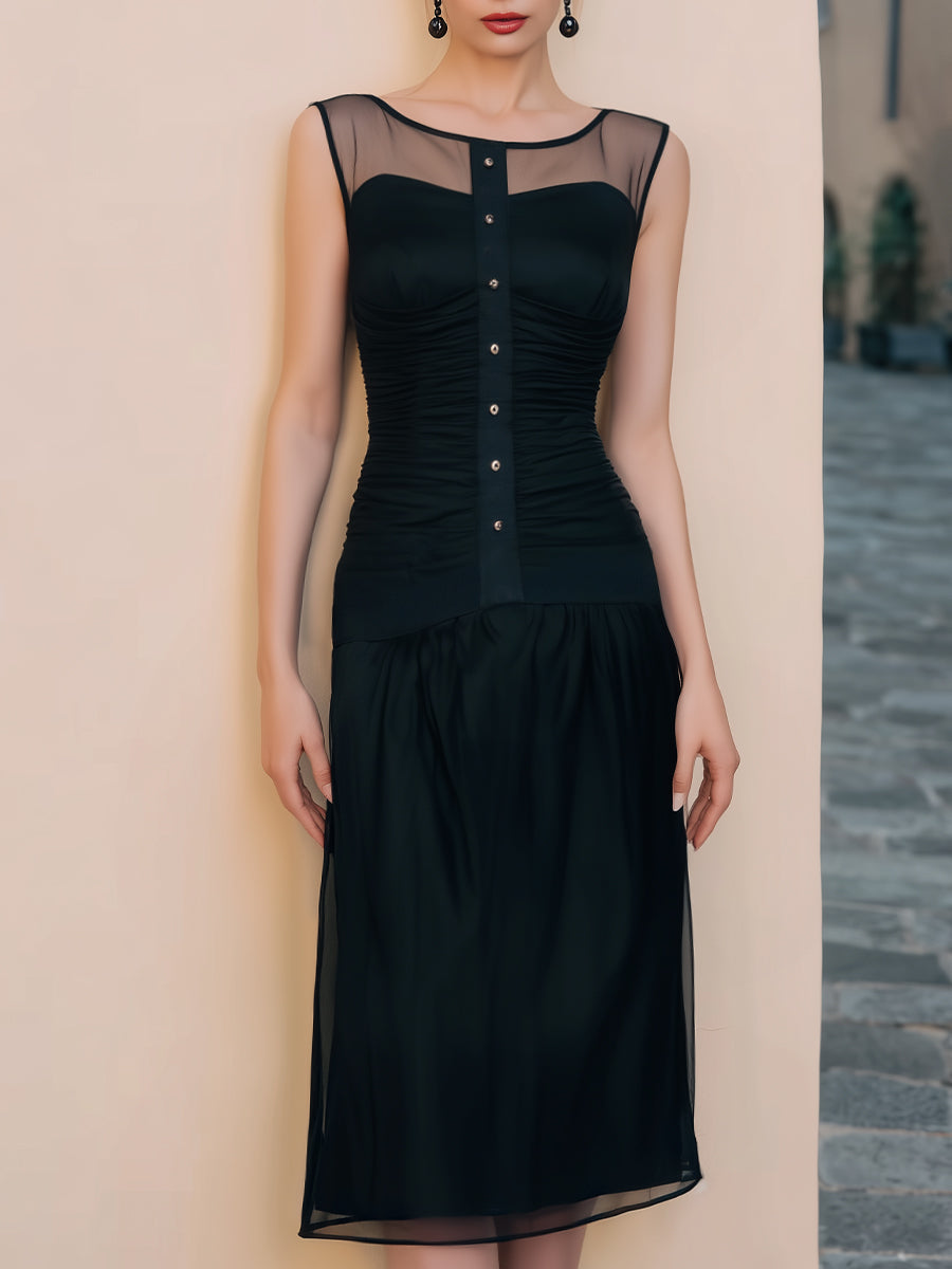 Black Sheer Mesh Ruched Panel Midi Dress