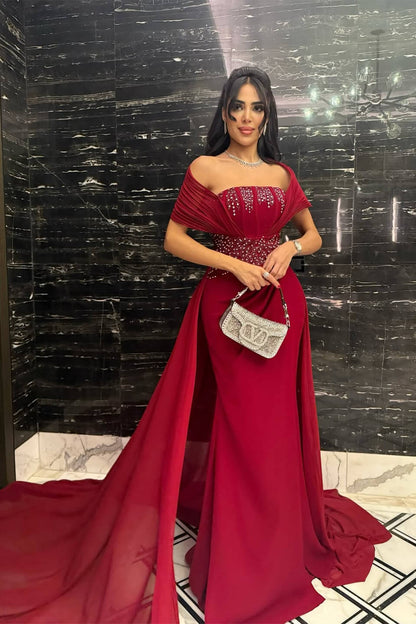 Bugurndy Off-the-Shoulder Chiffon Evening Dress Strapless Slit Long With Beads