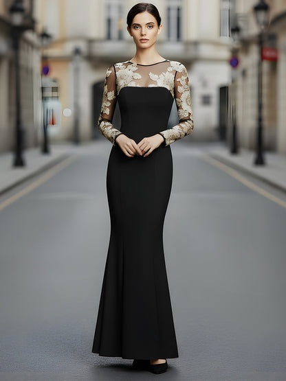 Black Embroidered Mesh Panel Evening Gown