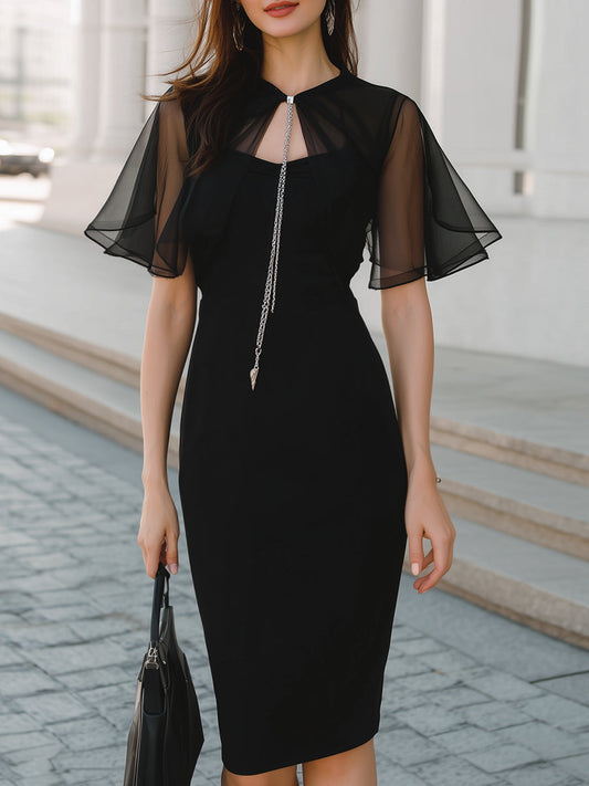 Elegant Black Sheer Cape Sleeve Pencil Dress