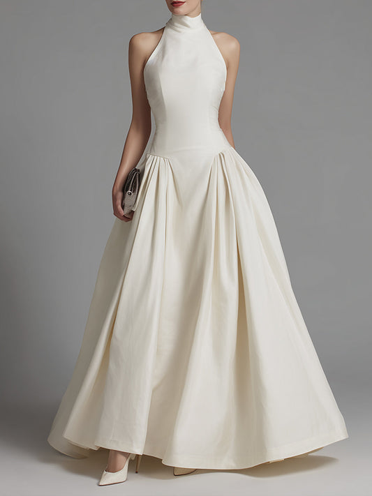 Halter Neck Fit-and-Flare Maxi Dress With Structured Pleated Skirt