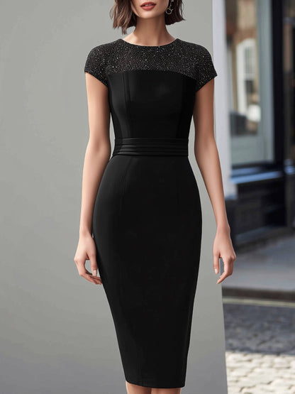 Cap-Sleeve Shimmer-Panel Pencil Dress