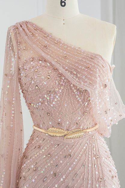 Pink Mermaid One Shoulder Evening Dress Side Split With Appliques Sequins
