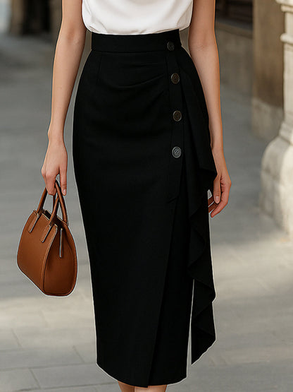 Elegant Draped Cowl Neck Blouse And Asymmetric Button Skirt Set