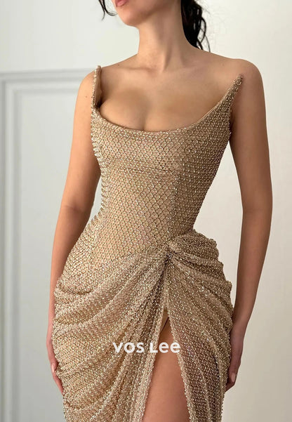 Sparkling Elegant Strapless Scoop Mermaid Prom Dresses with High Split