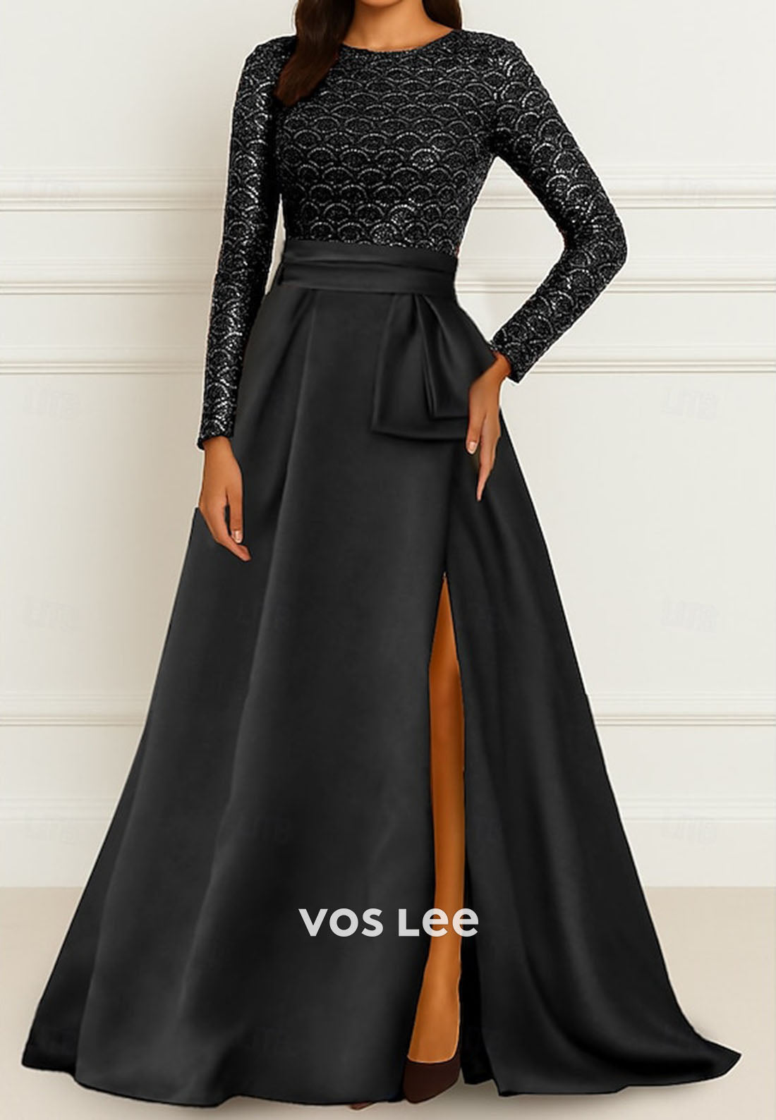 Sequin O Neck A-Line Long Sleeve Satin Evening Gown