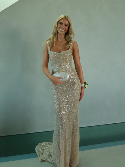 Champagne Sequin Mermaid Gown with Square Neckline & Sweeping Train