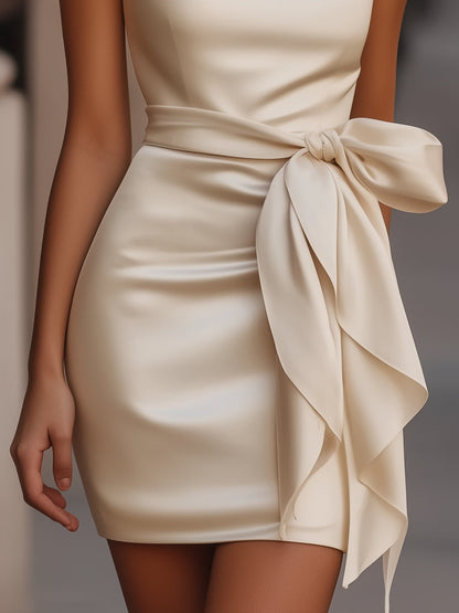 Satin Sleeveless Mini Dress With Ruffles And Bow Detail