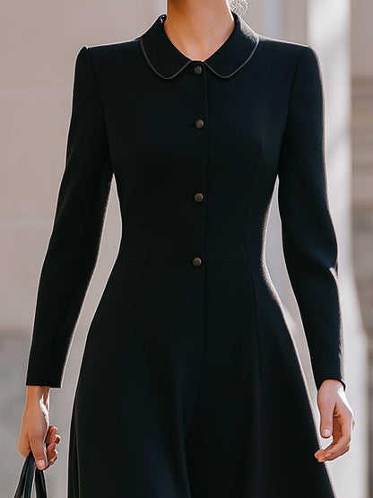 Black Vintage-Inspired Peter Pan Collar Midi Dress