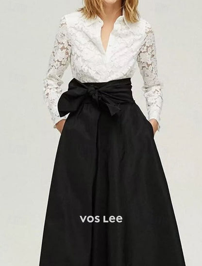 White Lace Blouse & Navy Maxi Skirt Set | High Waist Bow Detail Formal Skirt with Pockets
