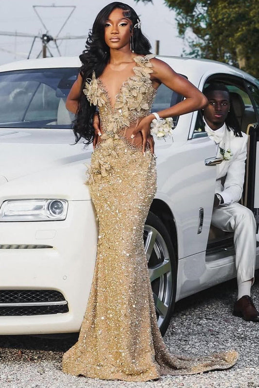 Champange Sleeveless Flowers Sequin Column Floor length Sparkle Prom Dresses