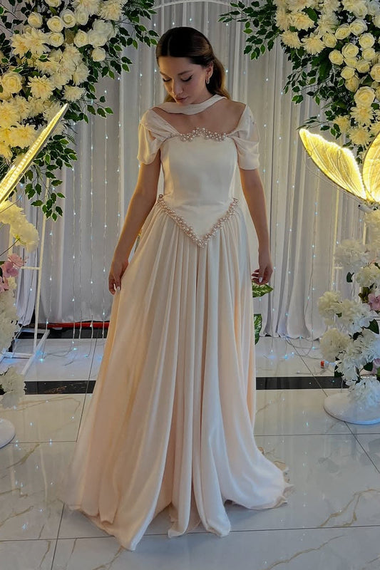 Charming Off-The-Shoulder A-Line Chiffon Prom Dresses Sleeveless Pleats With Pearl